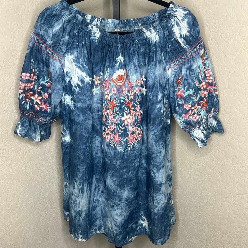 Monoreno Blue Tie-Dye Peasant Blouse with Pink Floral Embroidery
